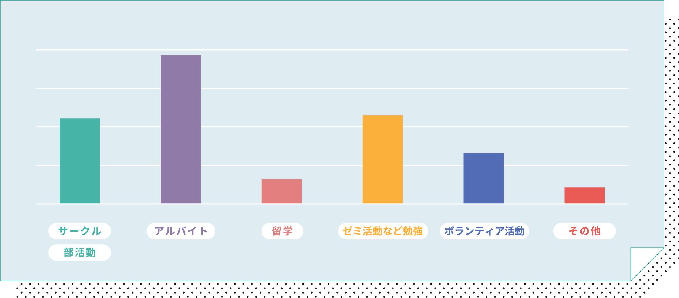 アルバイト サークル部活動 ゼミ活動など勉強 ボランティア活動 留学 その他